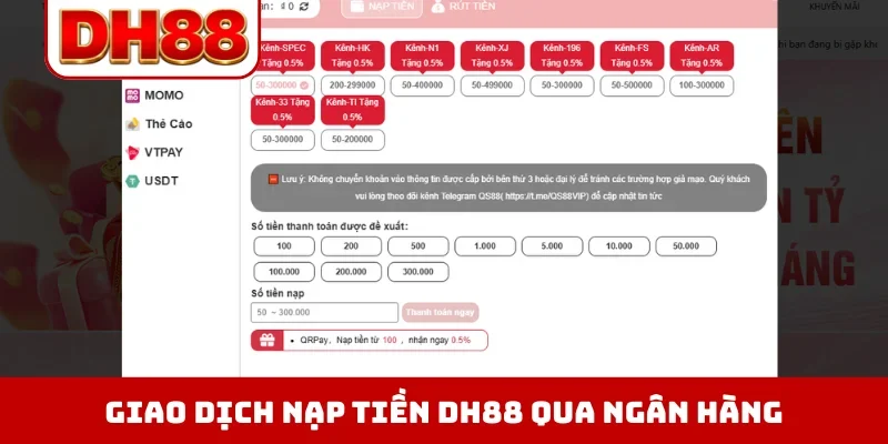 Giao dịch nạp tiền DH88 qua ngân hàng