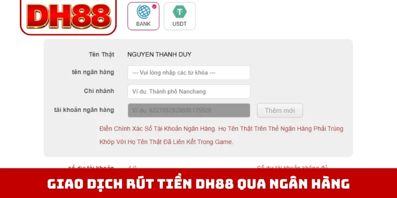 Giao dịch rút tiền DH88 qua ngân hàng