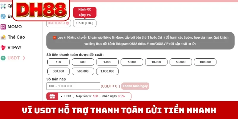 Ví USDT hỗ trợ thanh toán gửi tiền nhanh